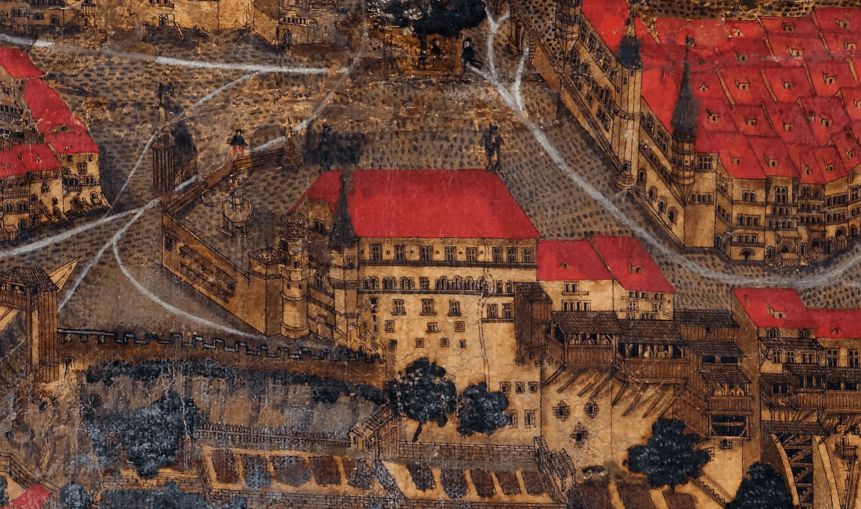 L’Hôtel de Ville et son environnement en 1582, d’après Gregor Sickinger, Vue panoramique de Fribourg, encre de Chine et tempera sur papier marouflé © MAHF