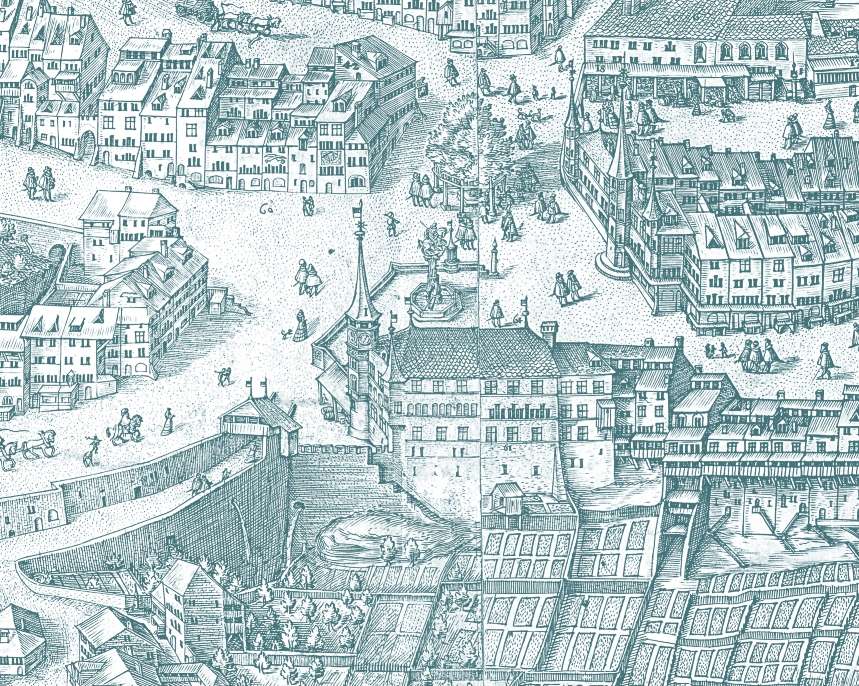 L’Hôtel de Ville et son environnement en 1606, d’après Martin Martini, Vue panoramique de Fribourg, burin © MAHF 
